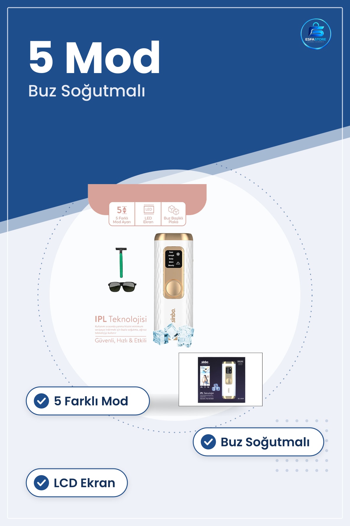 IPL Lazer Epilasyon Aleti Buz Soğutmalı 5 Mod LCD Ekranlı Tüm Vücut Evde Tüy Azaltma Cihazı