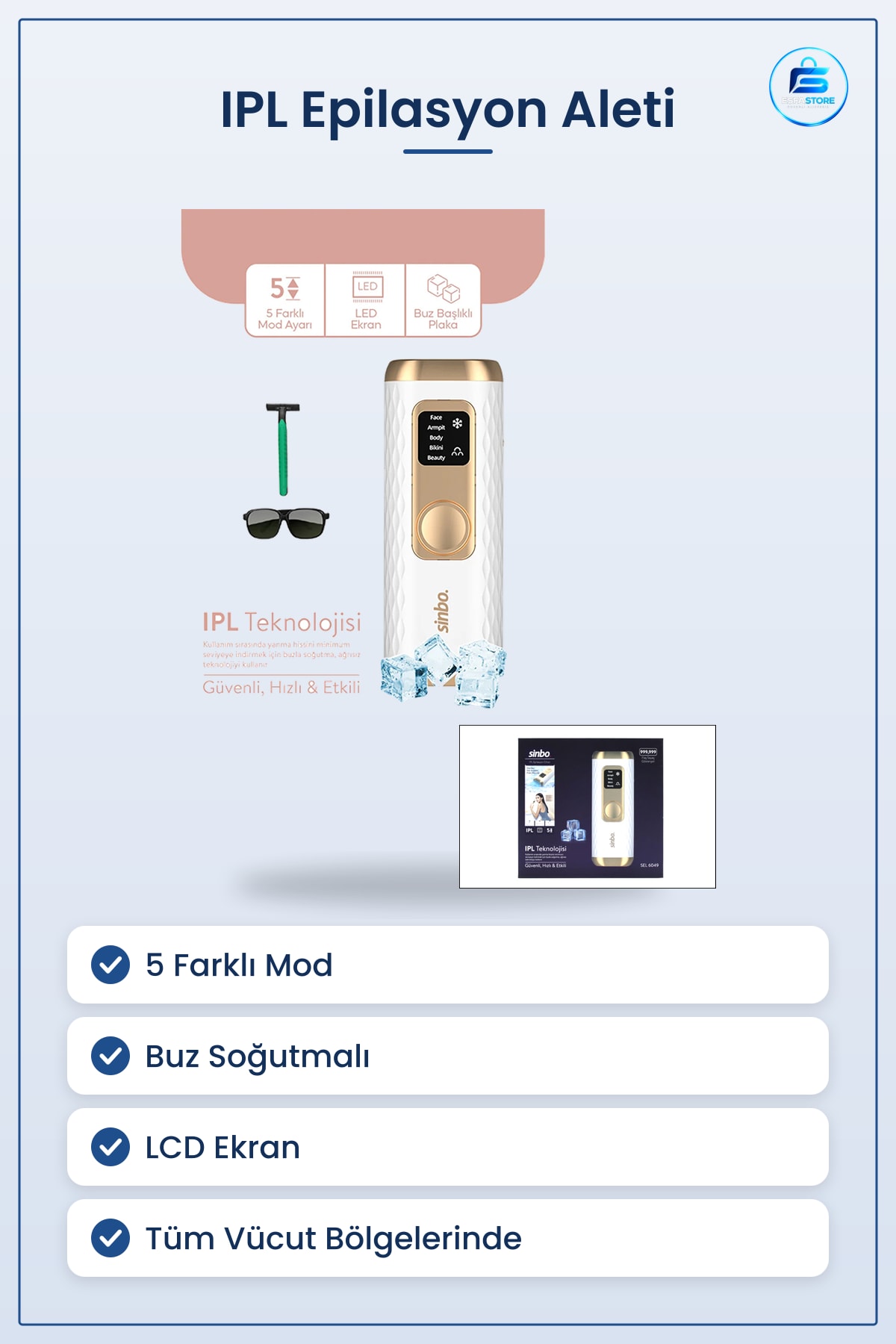 IPL Lazer Epilasyon Aleti Buz Soğutmalı 5 Mod LCD Ekranlı Tüm Vücut Evde Tüy Azaltma Cihazı