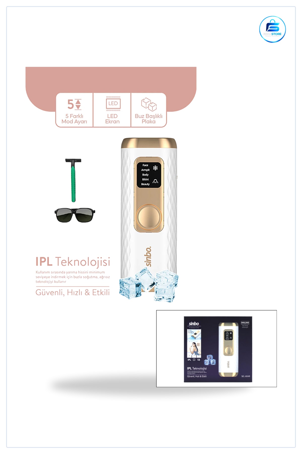 IPL Lazer Epilasyon Aleti Buz Soğutmalı 5 Mod LCD Ekranlı Tüm Vücut Evde Tüy Azaltma Cihazı