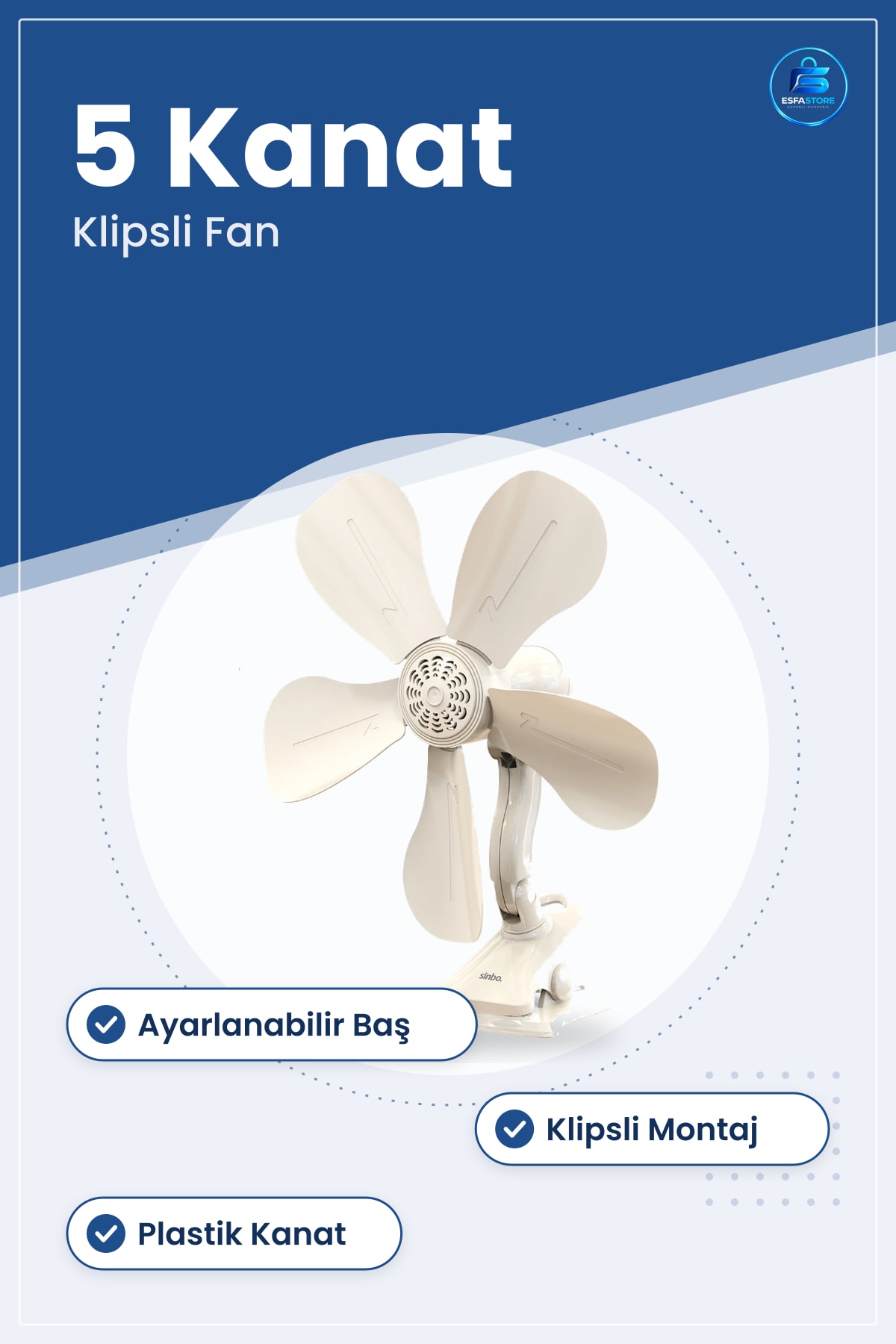 Masaüstü Klipsli Vantilatör 5 Kanat Ayarlanabilir Plastik Kanatlı Ofis ve Yatak Başı Fan