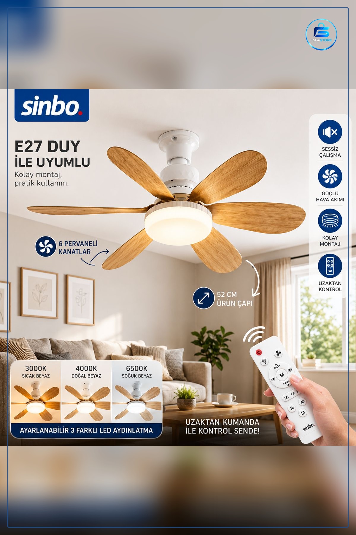 Kumandalı Tavan Vantilatör Avize 52cm 6 Kanat 3 Kademe Işıklı Oturma Salon Yatak Odası
