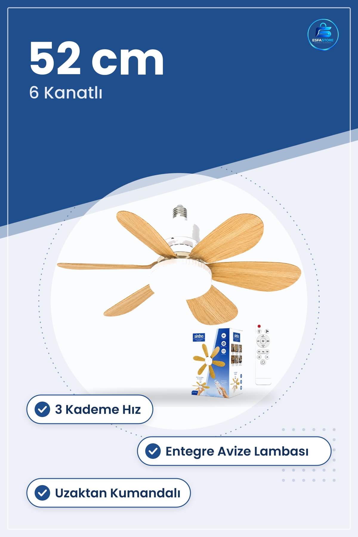 Kumandalı Tavan Vantilatör Avize 52cm 6 Kanat 3 Kademe Işıklı Oturma Salon Yatak Odası