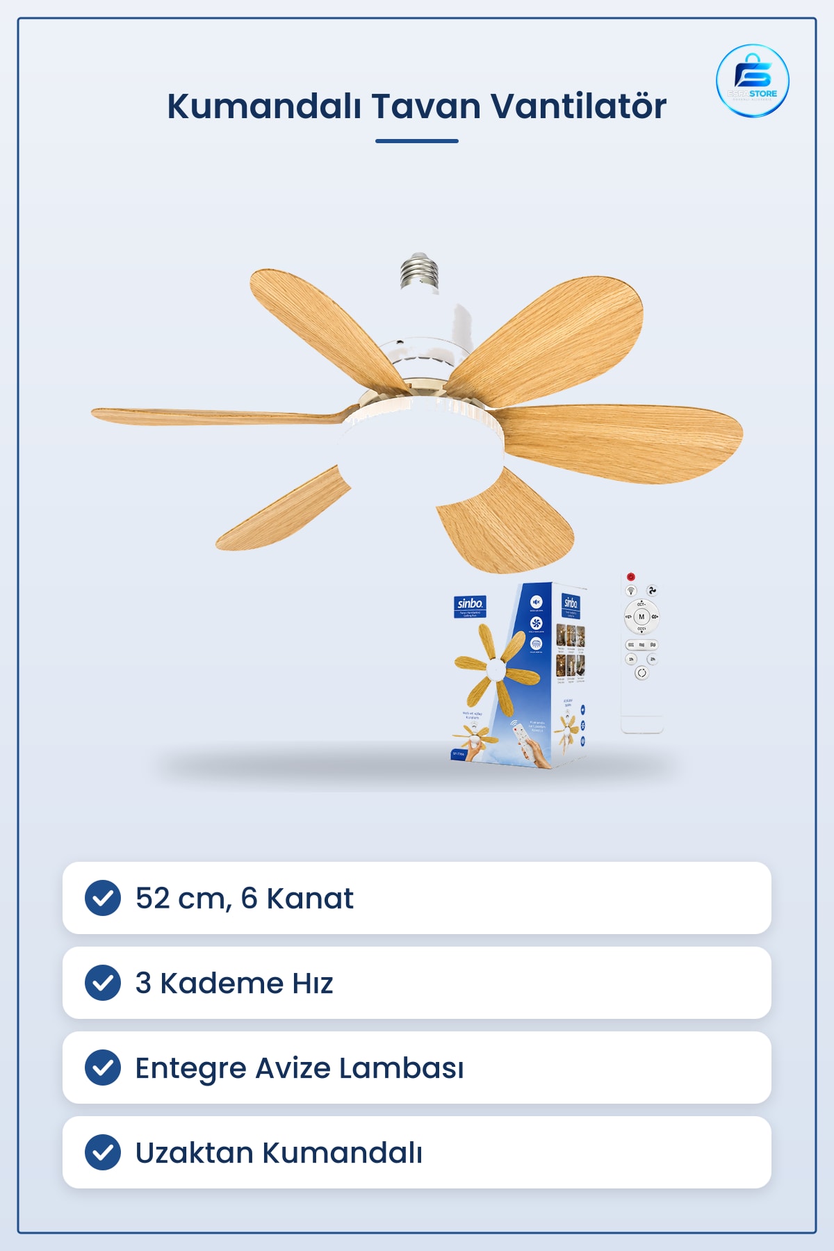 Kumandalı Tavan Vantilatör Avize 52cm 6 Kanat 3 Kademe Işıklı Oturma Salon Yatak Odası