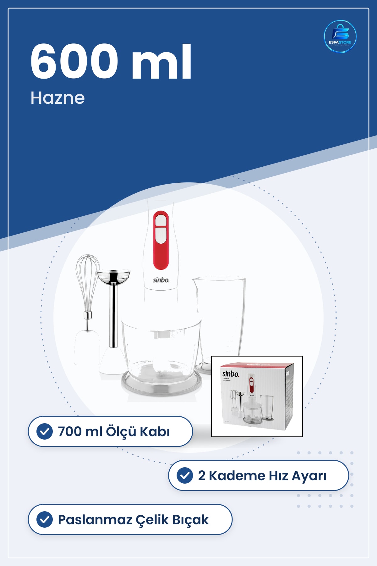 El Blender Seti Paslanmaz Bıçak 2 Kademe 600ml Hazne 700ml Ölçü Kabı Doğrayıcı Mikser Çorba Mutfak
