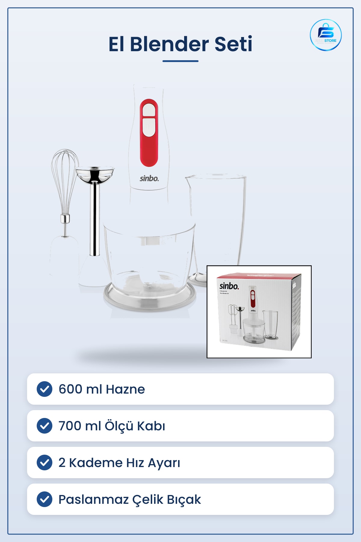 El Blender Seti Paslanmaz Bıçak 2 Kademe 600ml Hazne 700ml Ölçü Kabı Doğrayıcı Mikser Çorba Mutfak
