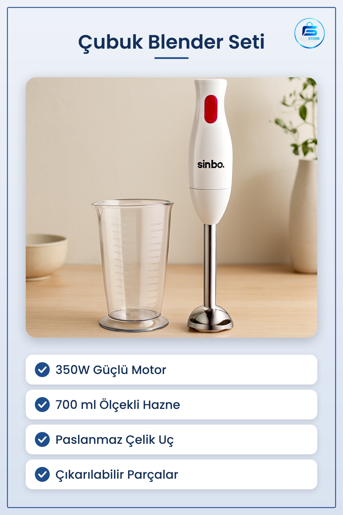 Çubuk Blender Seti 350W Çelik Uçlu 700ml Hazneli Mutfak Smoothie Çorba Püre Doğrama Makinesi