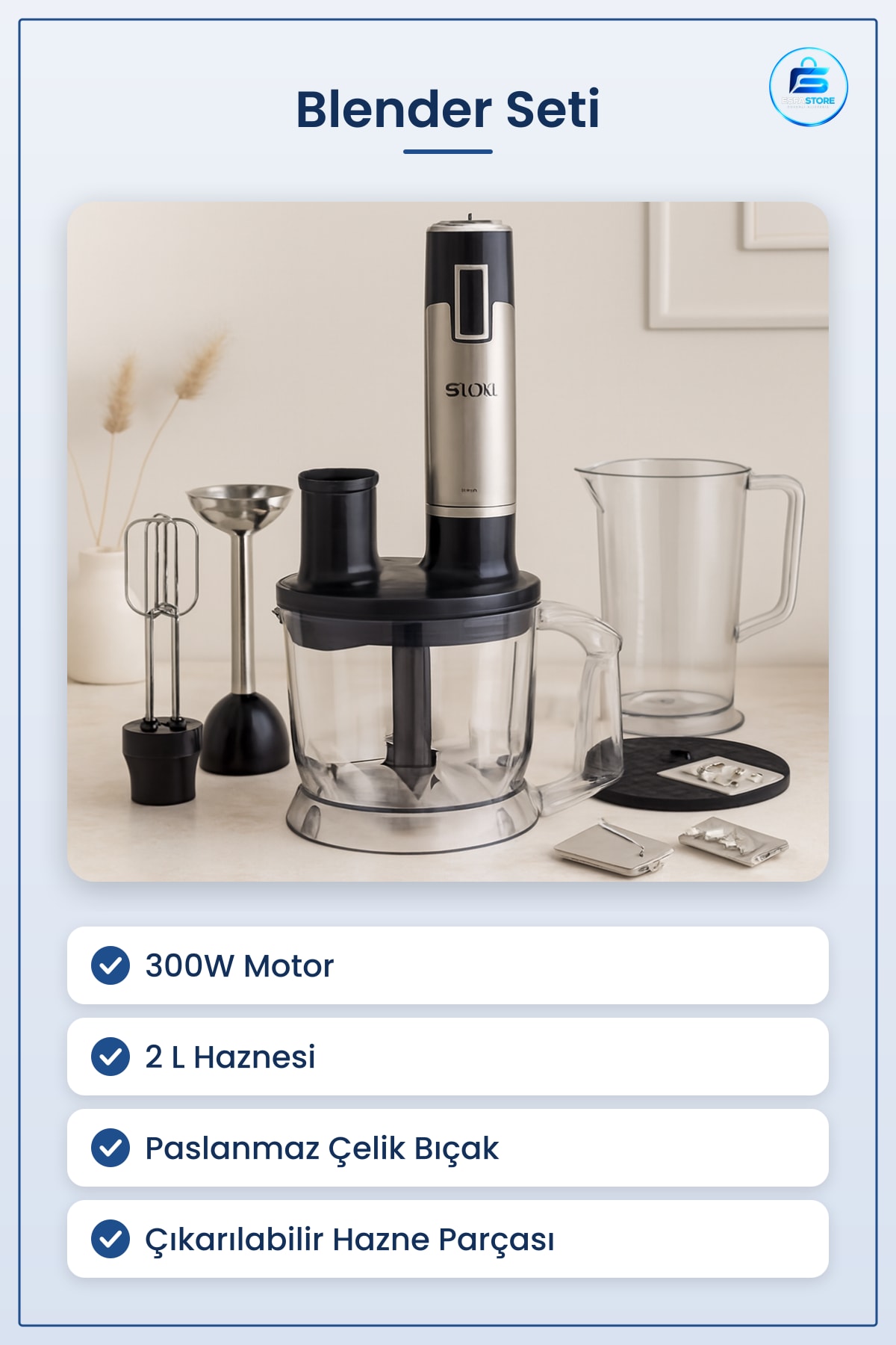 Blender Seti 300W 2L Hazneli Çok Amaçlı Paslanmaz Çelik Bıçaklı Mutfak Smoothie Püre Çorba