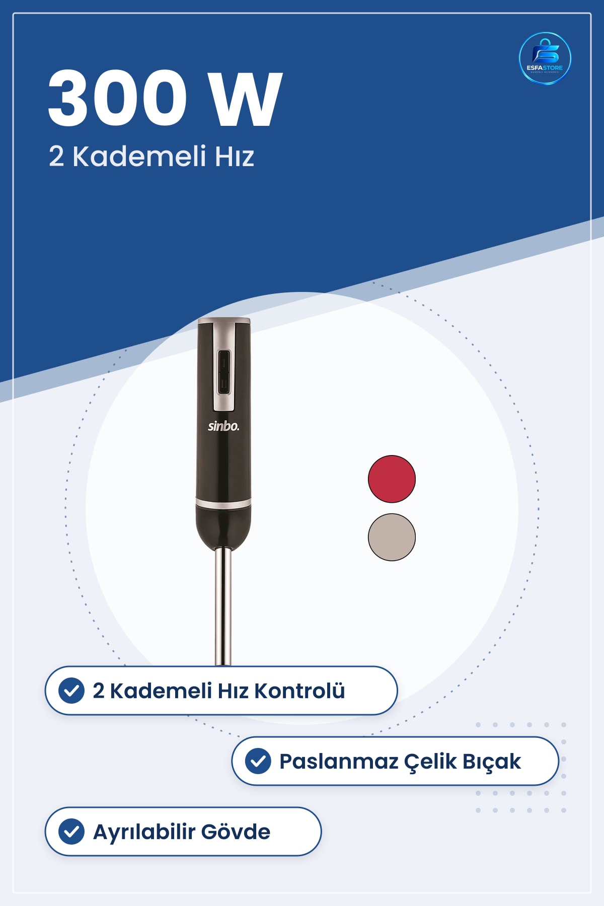Çubuk Blender 300W Çelik Uçlu 2 Kademeli Ayrılabilir Gövde Mutfak Çorba Püre Smoothie