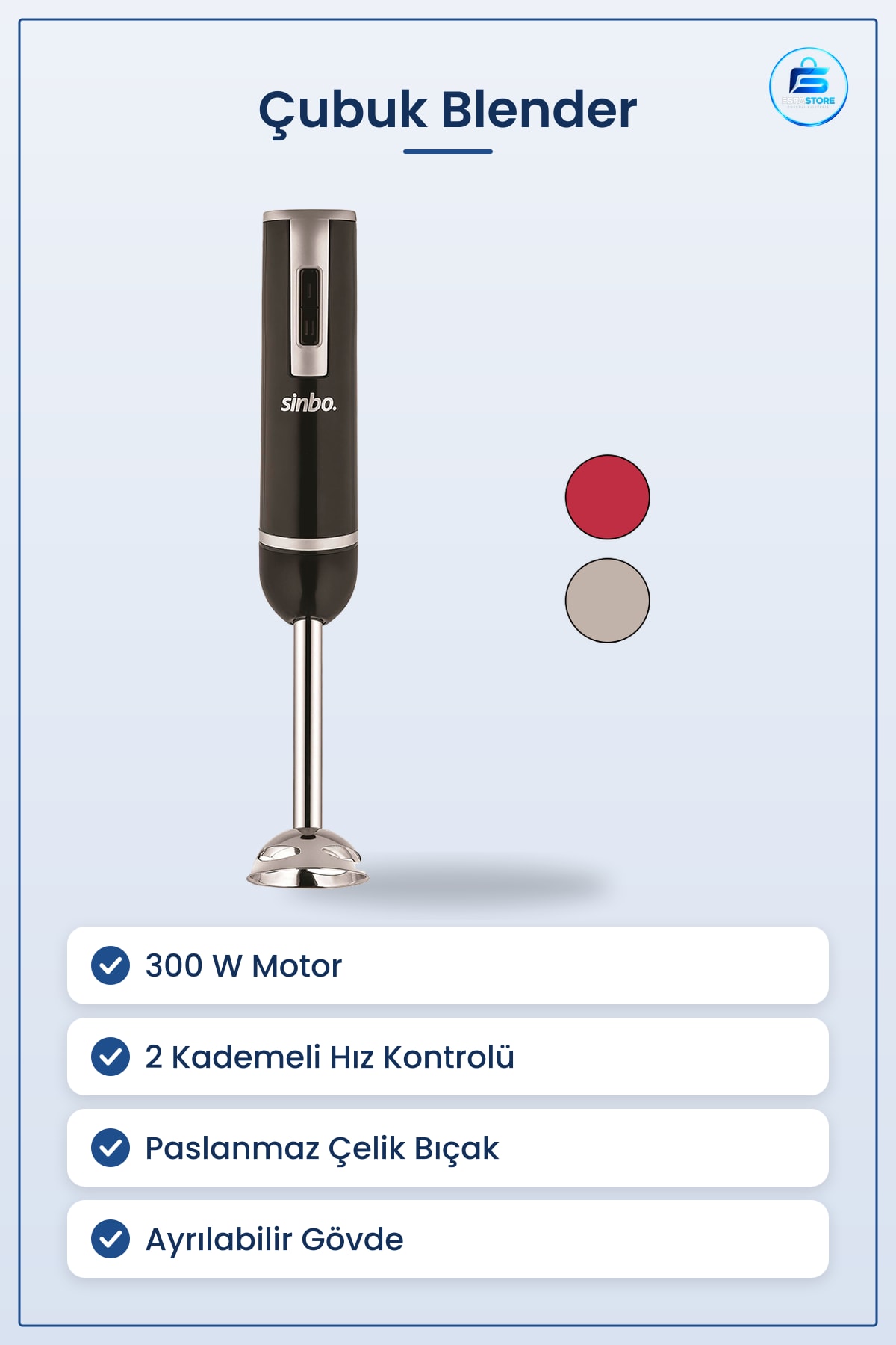 Çubuk Blender 300W Çelik Uçlu 2 Kademeli Ayrılabilir Gövde Mutfak Çorba Püre Smoothie