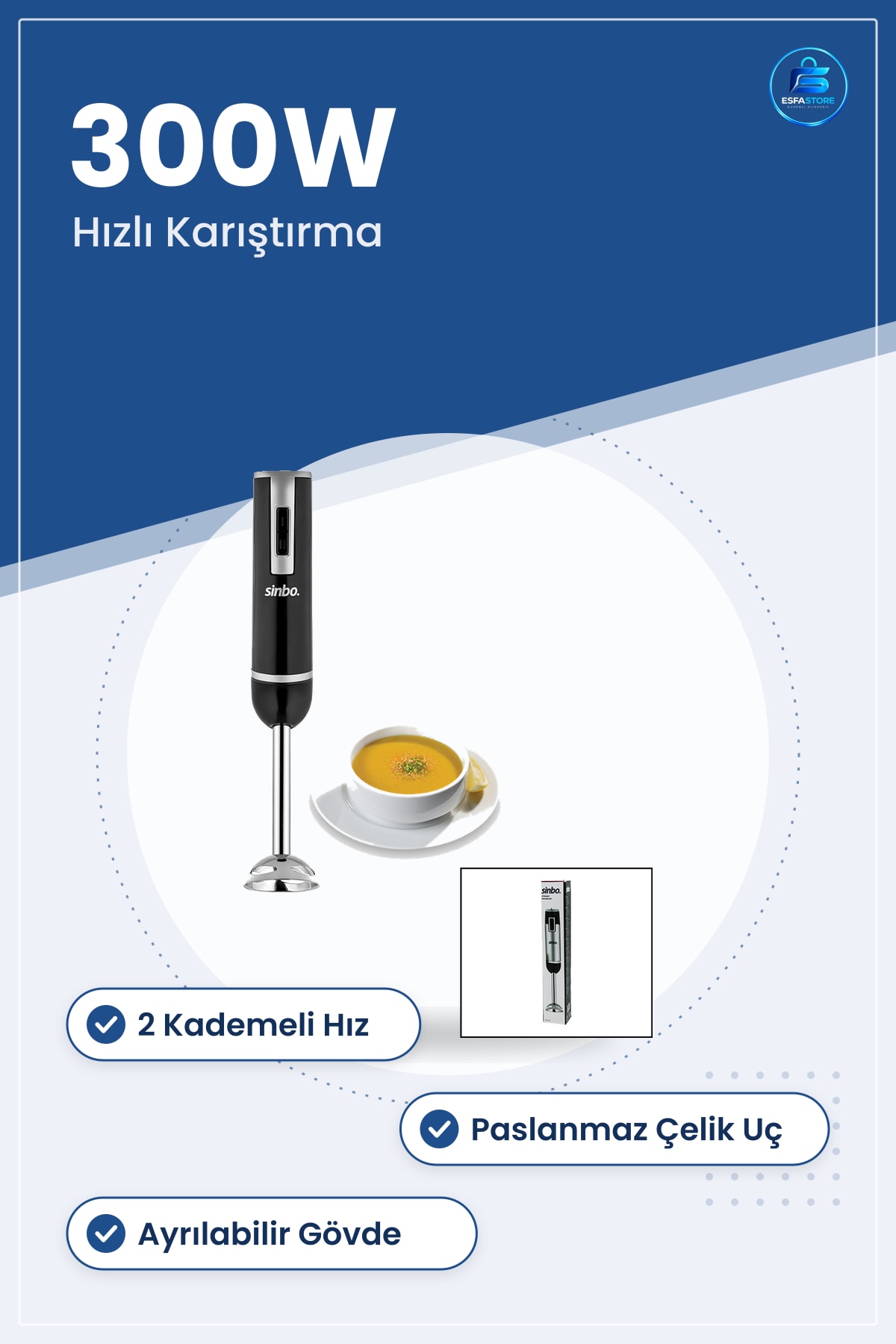 Çubuk Blender 300W Paslanmaz Çelik Uçlu 2 Kademe Mutfak Çorba Püre Smoothie Sos Hazırlama