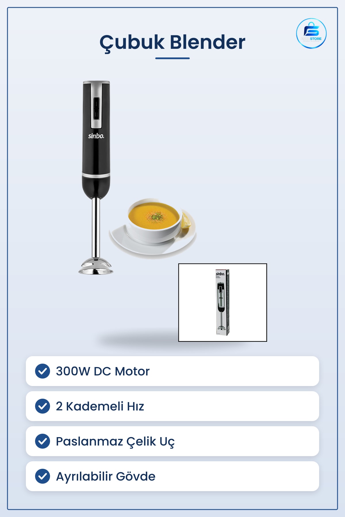 Çubuk Blender 300W Paslanmaz Çelik Uçlu 2 Kademe Mutfak Çorba Püre Smoothie Sos Hazırlama