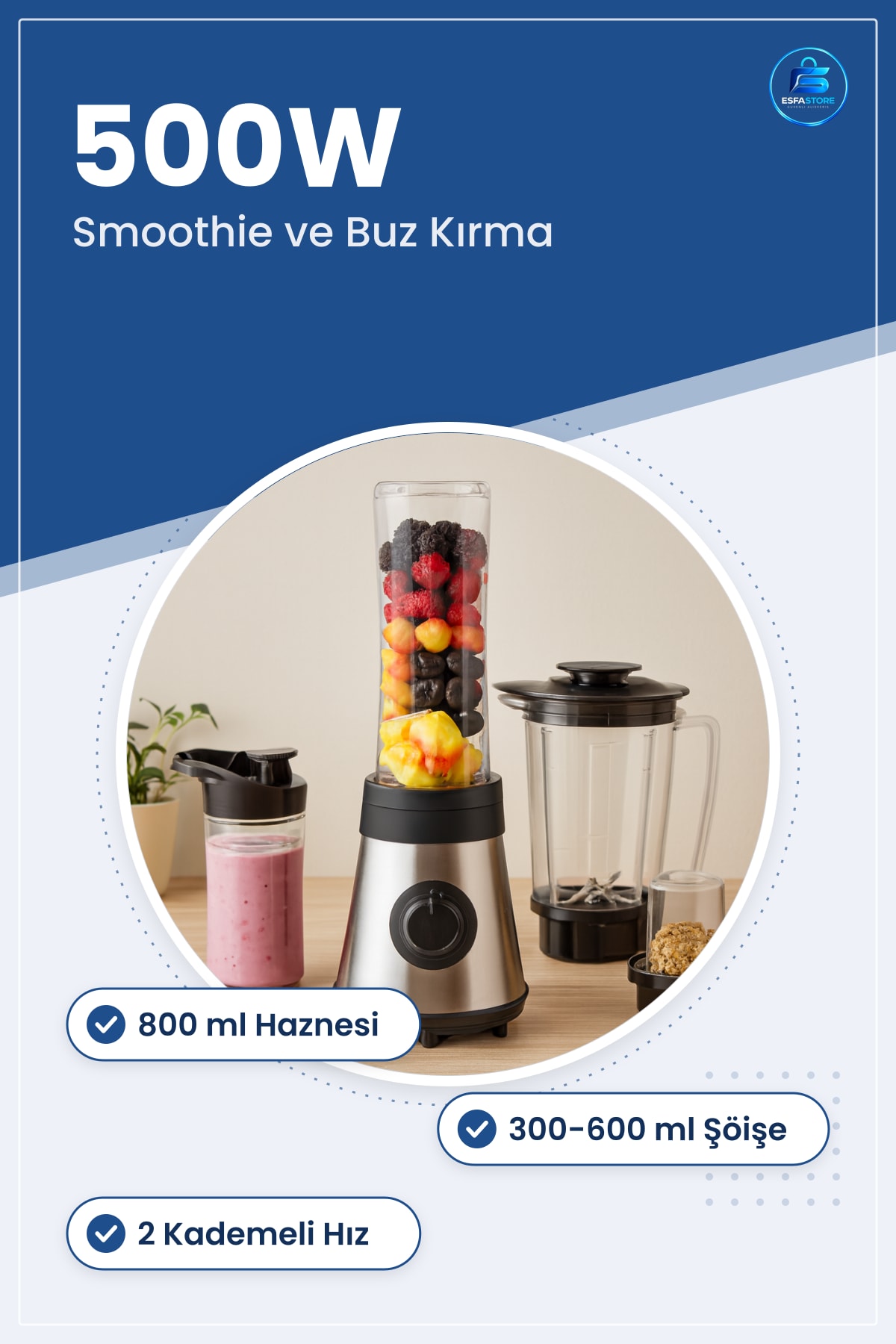Kişisel Blender 500W 800 ml Smoothie Buz Kırıcı Kahve Öğütücü Taşınabilir Şişeli 2 Kademeli