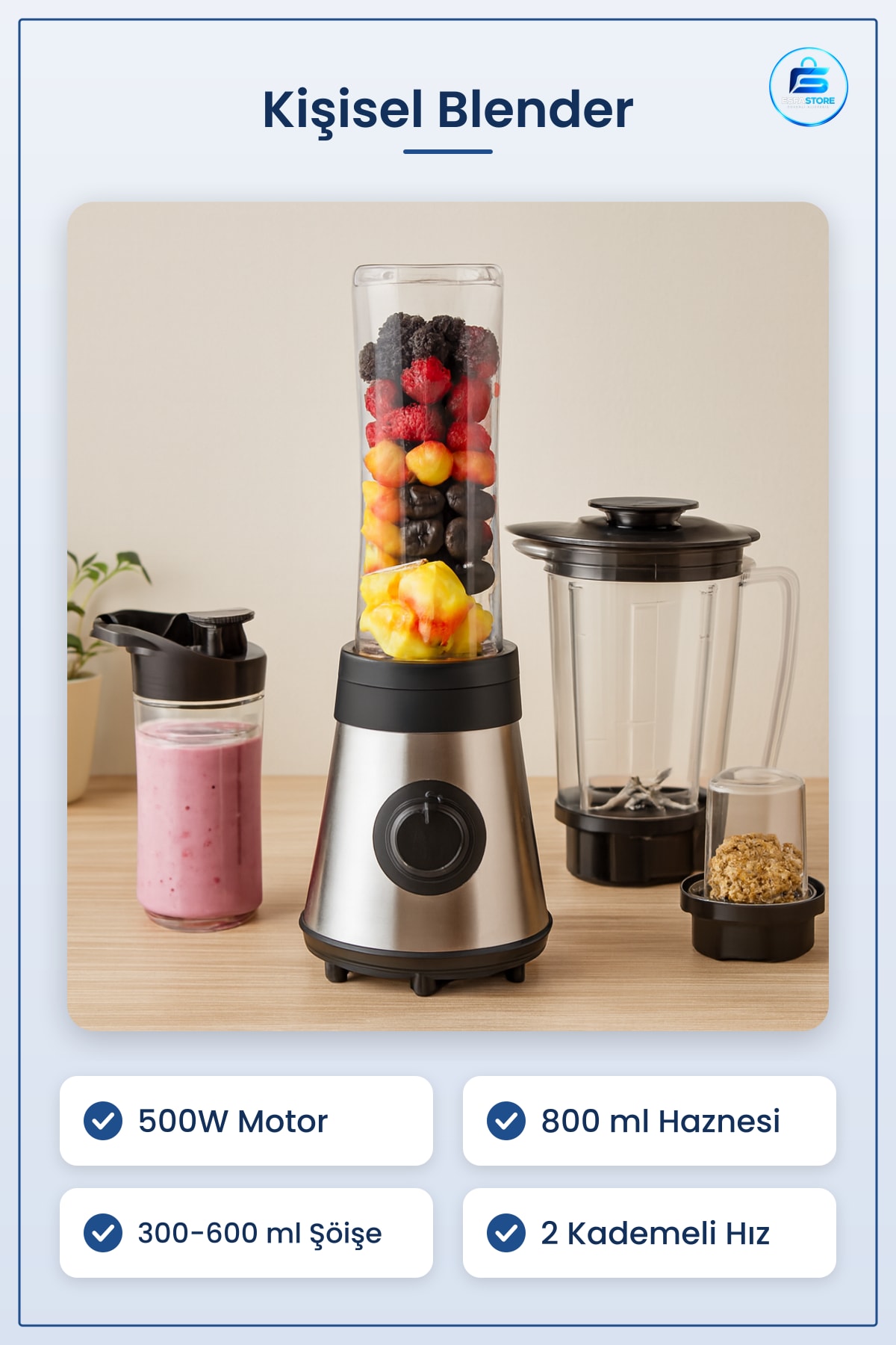 Kişisel Blender 500W 800 ml Smoothie Buz Kırıcı Kahve Öğütücü Taşınabilir Şişeli 2 Kademeli