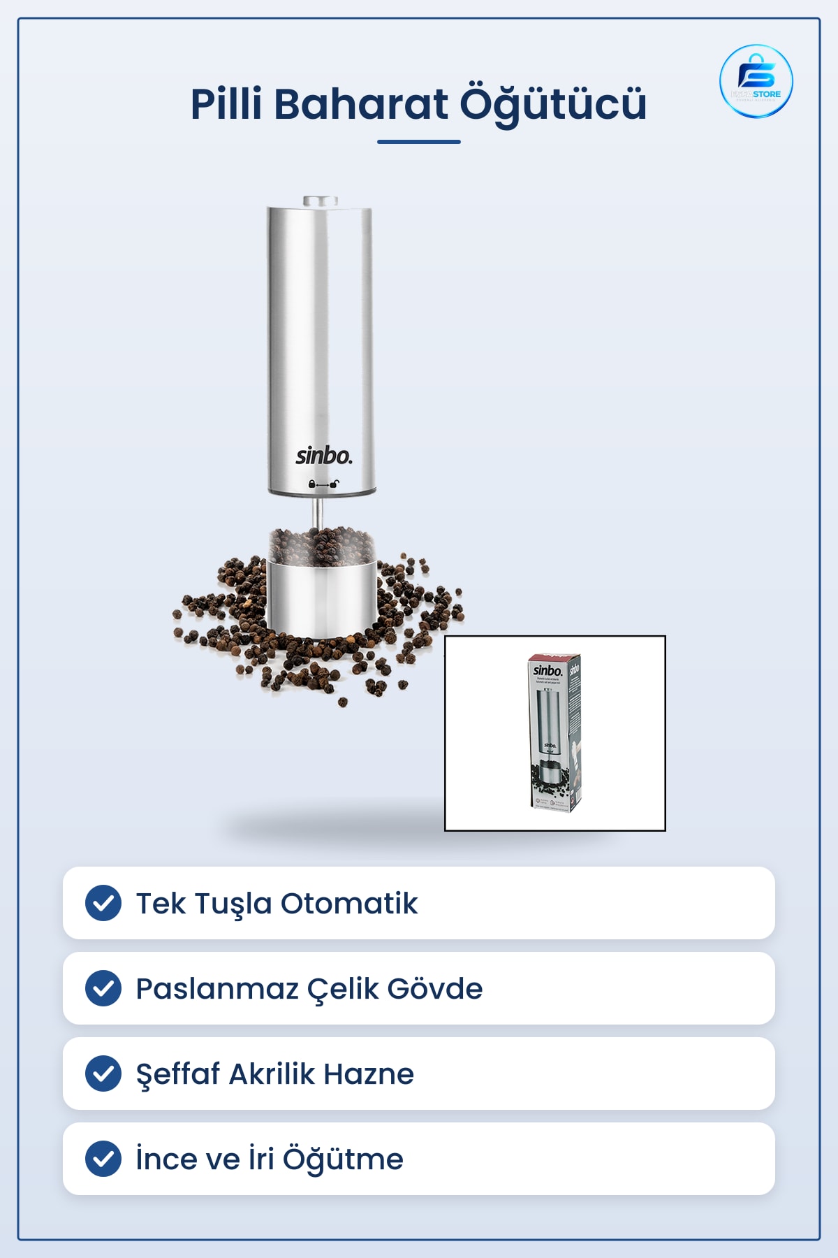 Baharat Öğütücü Pilli Otomatik Tuz ve Karabiber Değirmeni Çelik Gövde Akrilik Hazne Mutfak