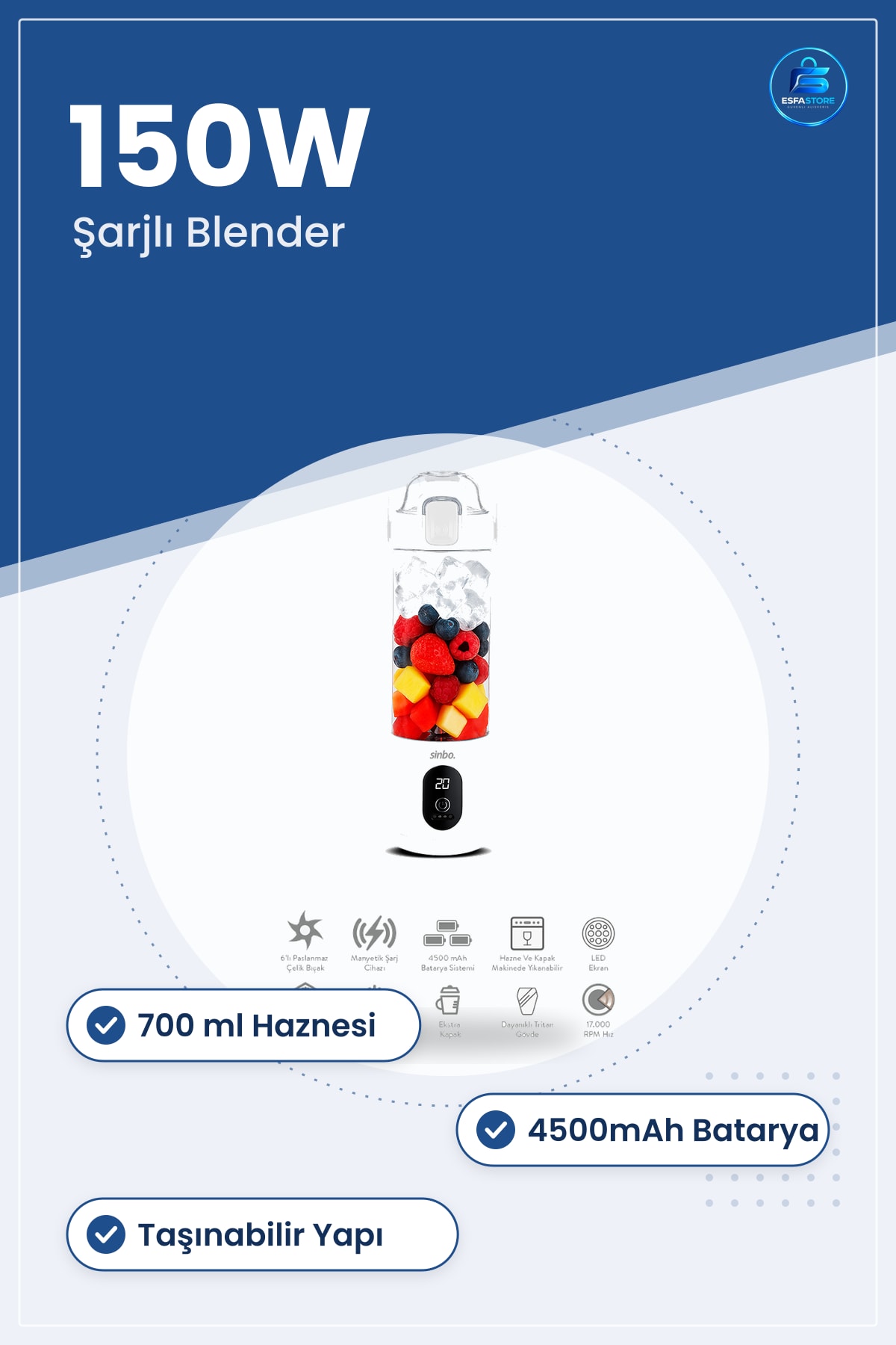 Kişisel Blender Şarjlı Taşınabilir Smoothie 700 ml 150W 4500mAh Çelik Bıçaklı Mutfak Karıştırıcı