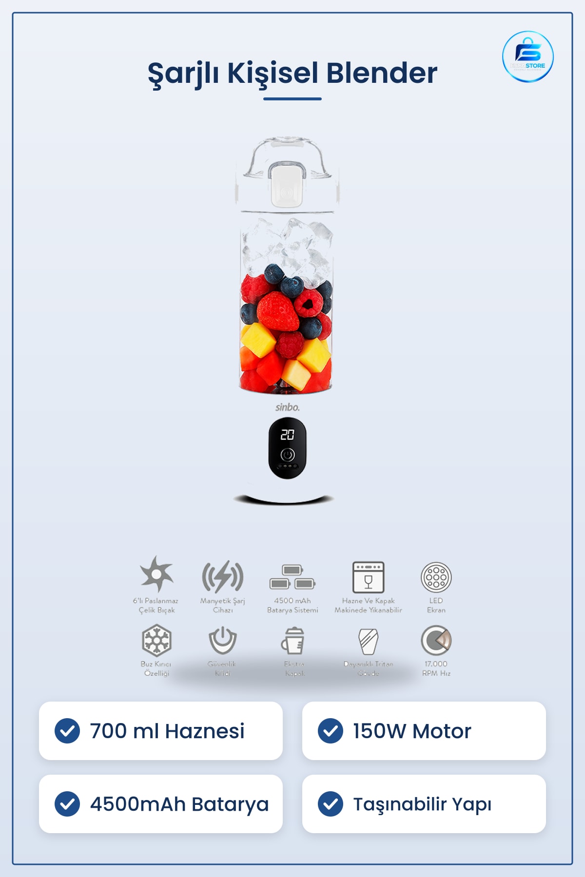 Kişisel Blender Şarjlı Taşınabilir Smoothie 700 ml 150W 4500mAh Çelik Bıçaklı Mutfak Karıştırıcı