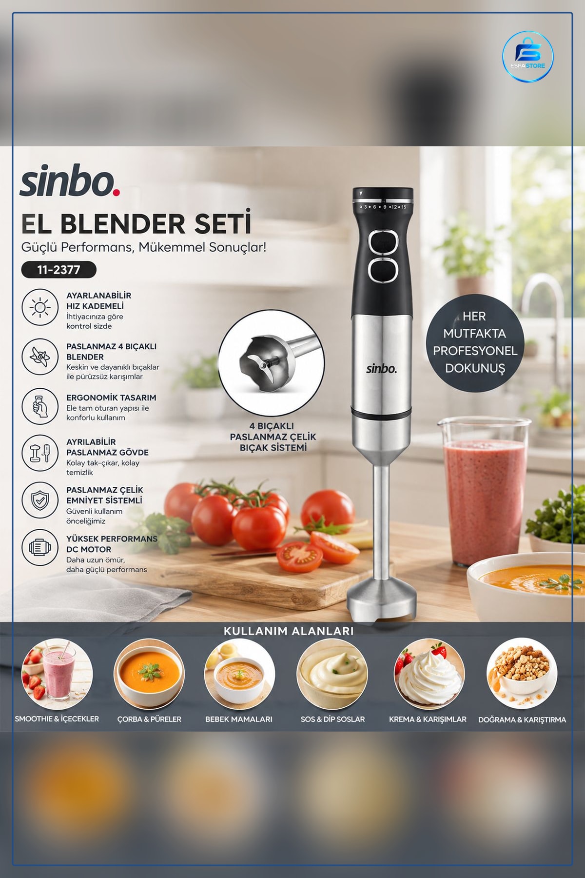 Çubuk El Blender 1500W Çelik Uçlu DC Motorlu Mutfak Çorba Sos Püre Smoothie Bebek Maması