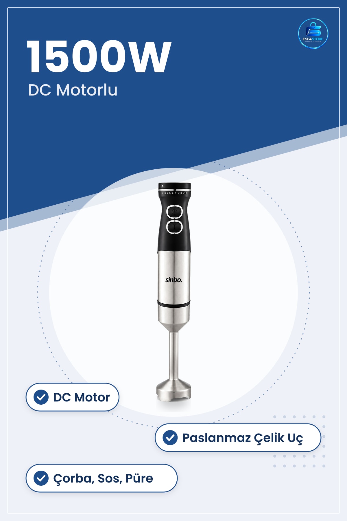 Çubuk El Blender 1500W Çelik Uçlu DC Motorlu Mutfak Çorba Sos Püre Smoothie Bebek Maması