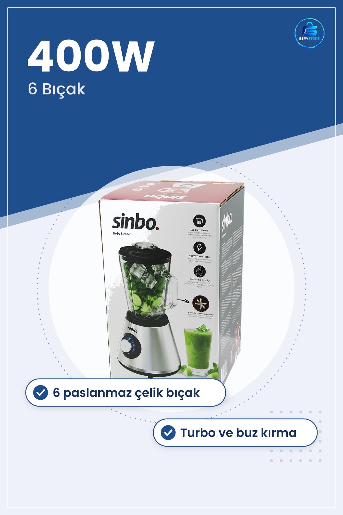 Blender Turbo Cam Hazneli Paslanmaz Çelik 6 Bıçak 400W Mutfak Doğrayıcı Buz Kırma Sebze Meyve