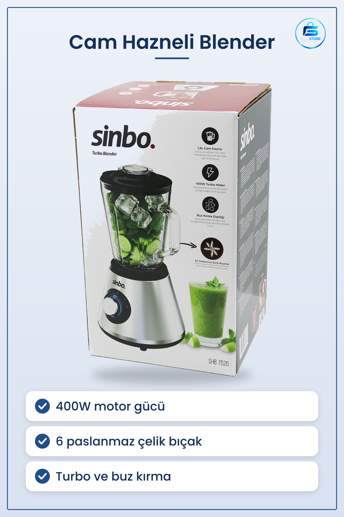 Blender Turbo Cam Hazneli Paslanmaz Çelik 6 Bıçak 400W Mutfak Doğrayıcı Buz Kırma Sebze Meyve