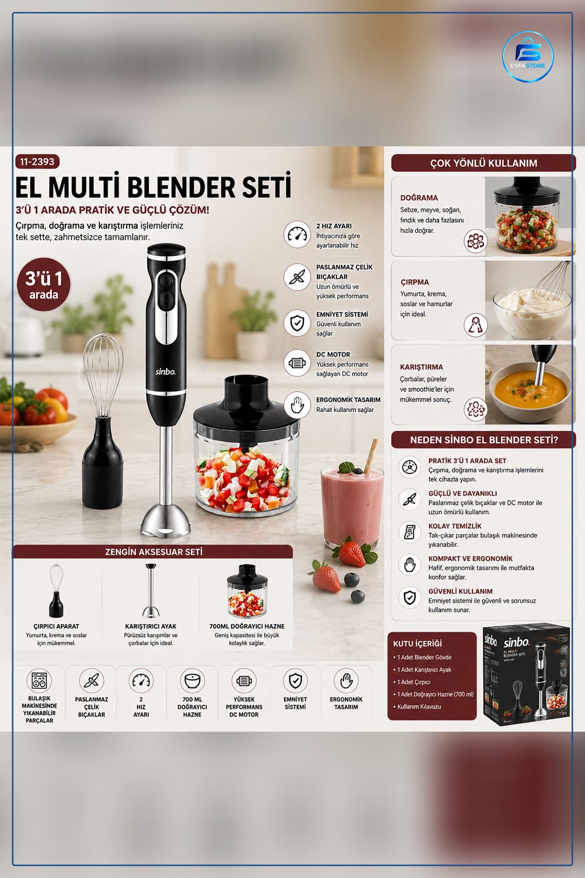 Blender Seti El Tipi 700 ml Paslanmaz Çelik Bıçak 2 Hız Doğrayıcı Mutfak Mikser Ev
