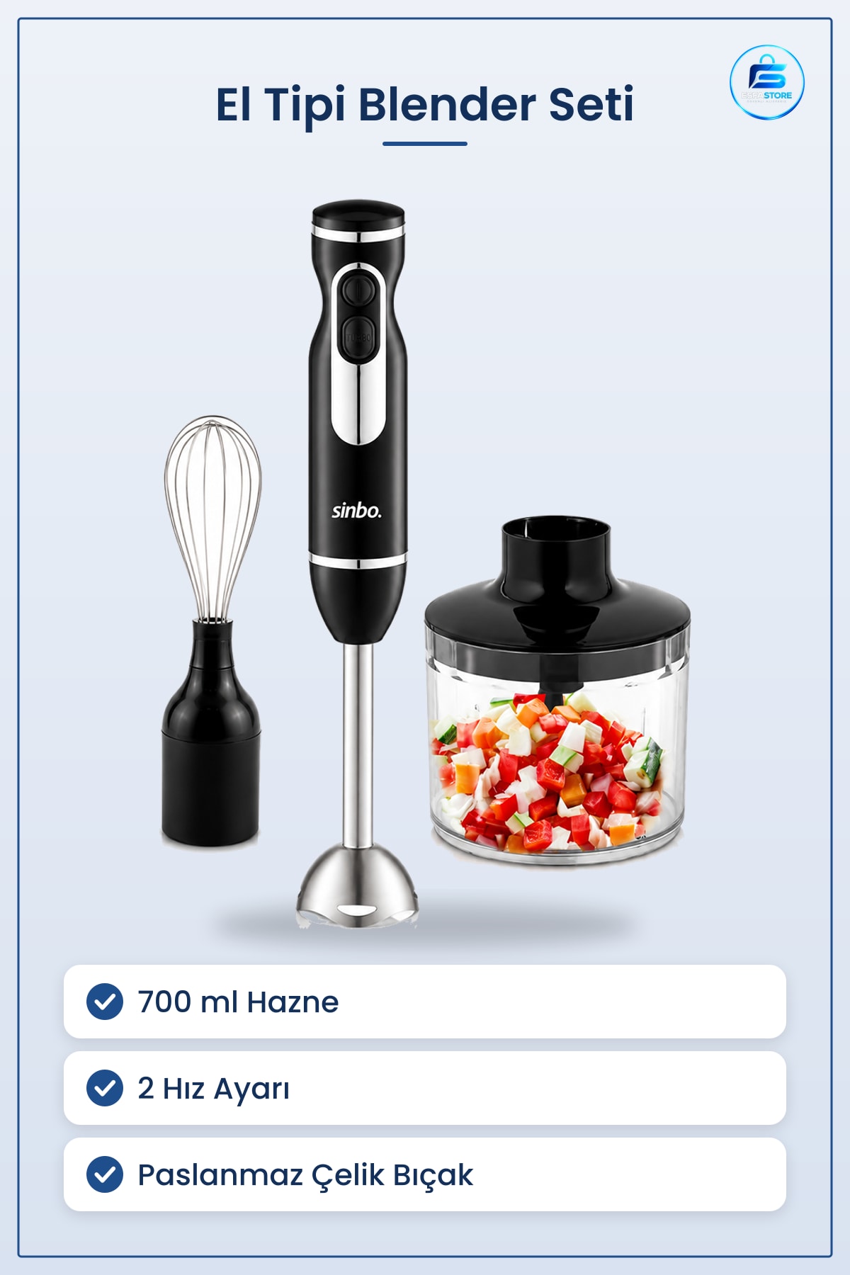 Blender Seti El Tipi 700 ml Paslanmaz Çelik Bıçak 2 Hız Doğrayıcı Mutfak Mikser Ev