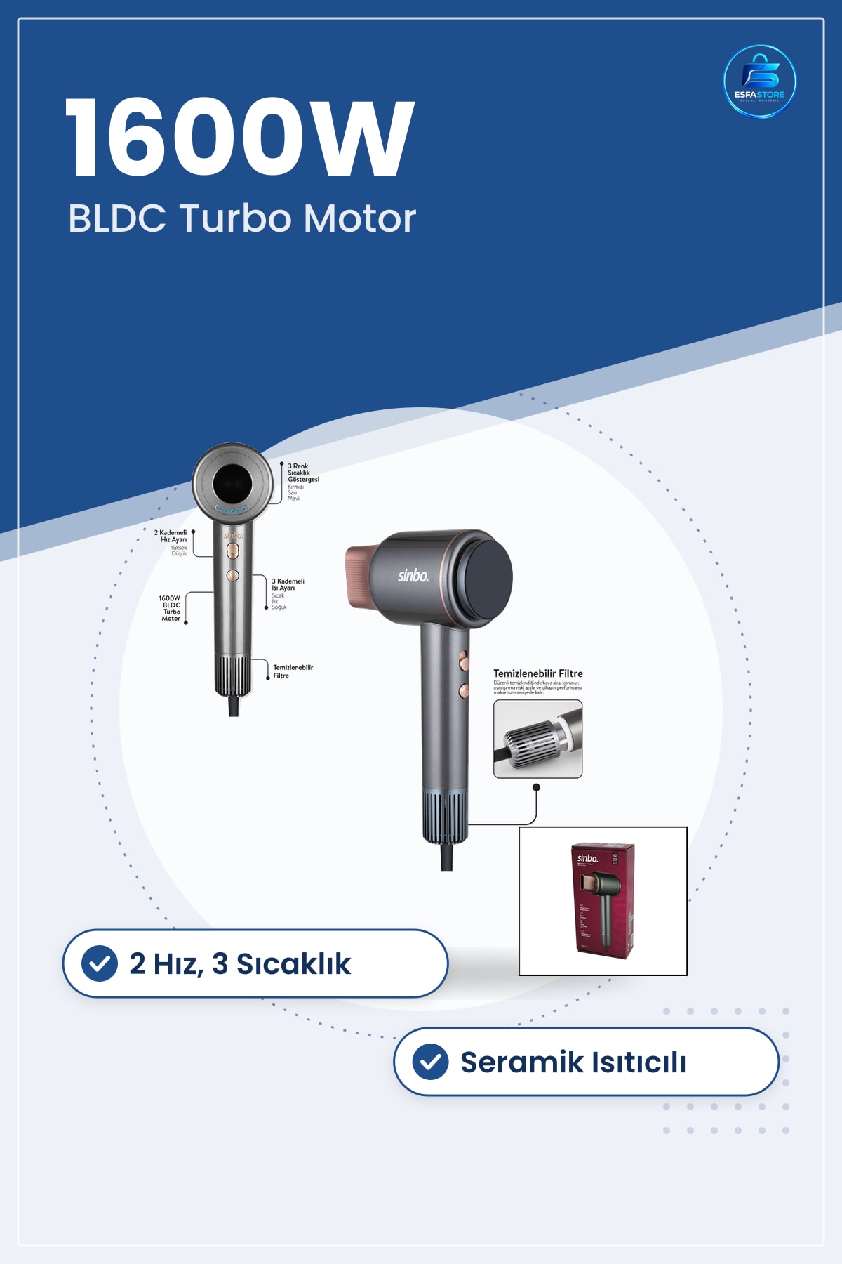 Saç Kurutma Makinesi 1600W BLDC Turbo Motor Tokmak 2 Hız 3 Sıcaklık Kademeli Seramik Isıtıcılı