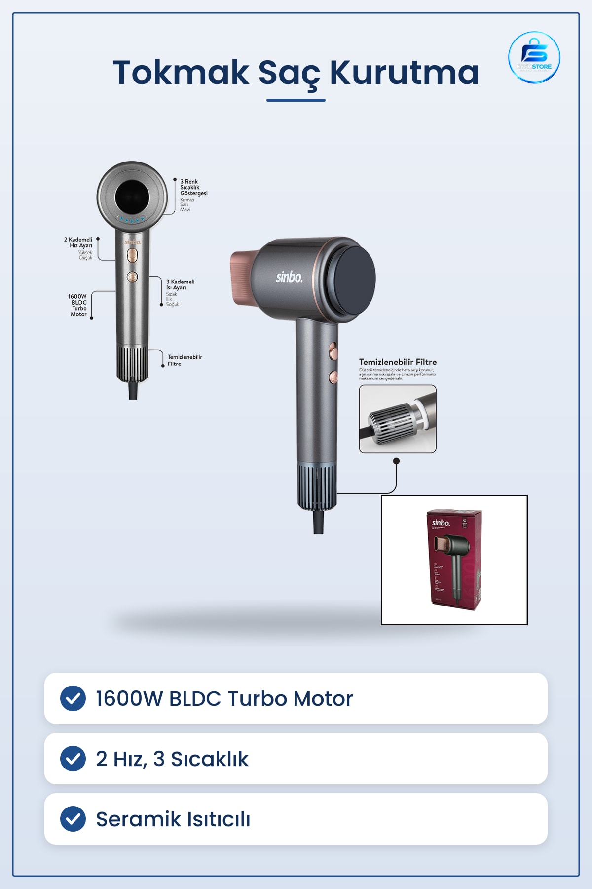 Saç Kurutma Makinesi 1600W BLDC Turbo Motor Tokmak 2 Hız 3 Sıcaklık Kademeli Seramik Isıtıcılı