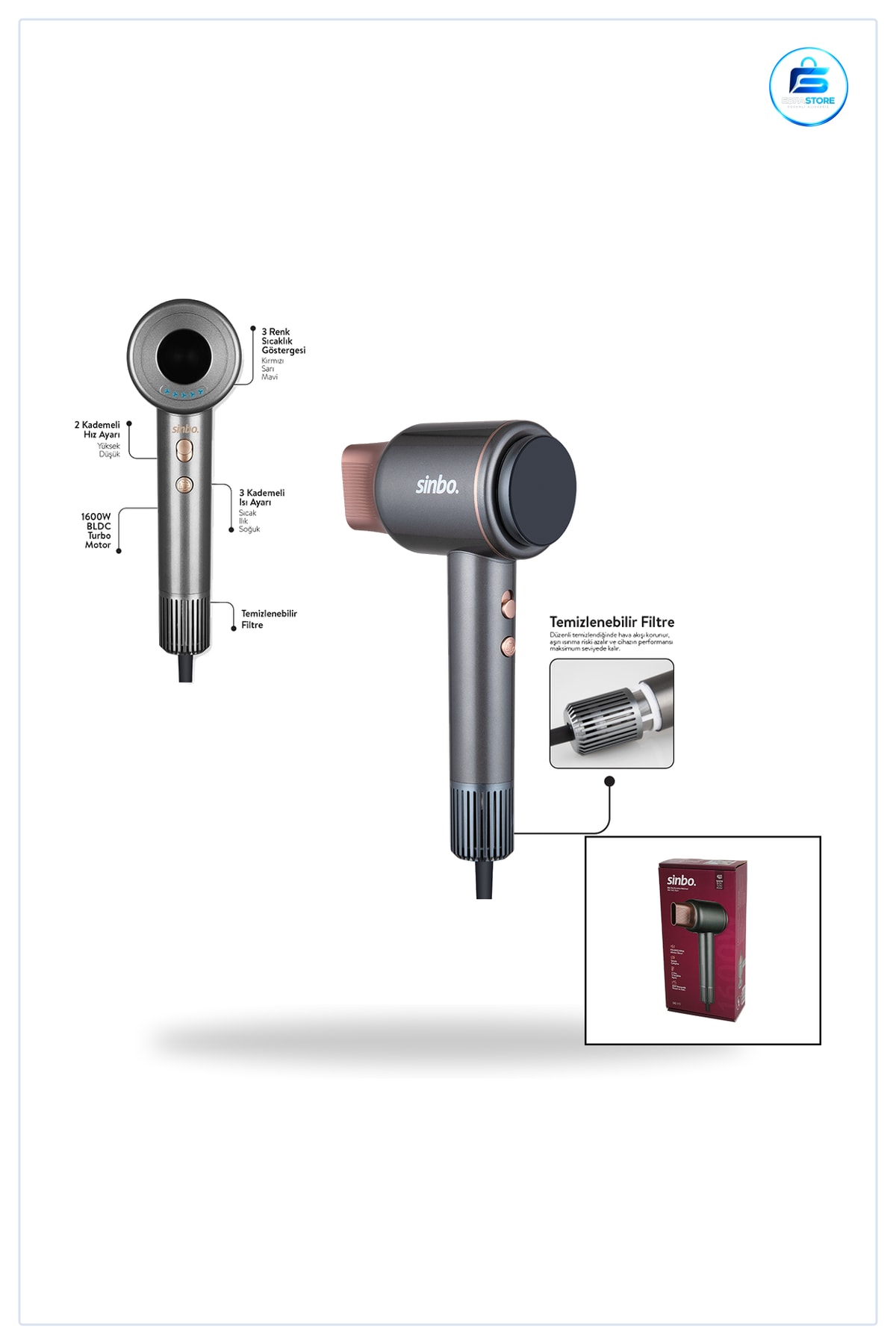 Saç Kurutma Makinesi 1600W BLDC Turbo Motor Tokmak 2 Hız 3 Sıcaklık Kademeli Seramik Isıtıcılı