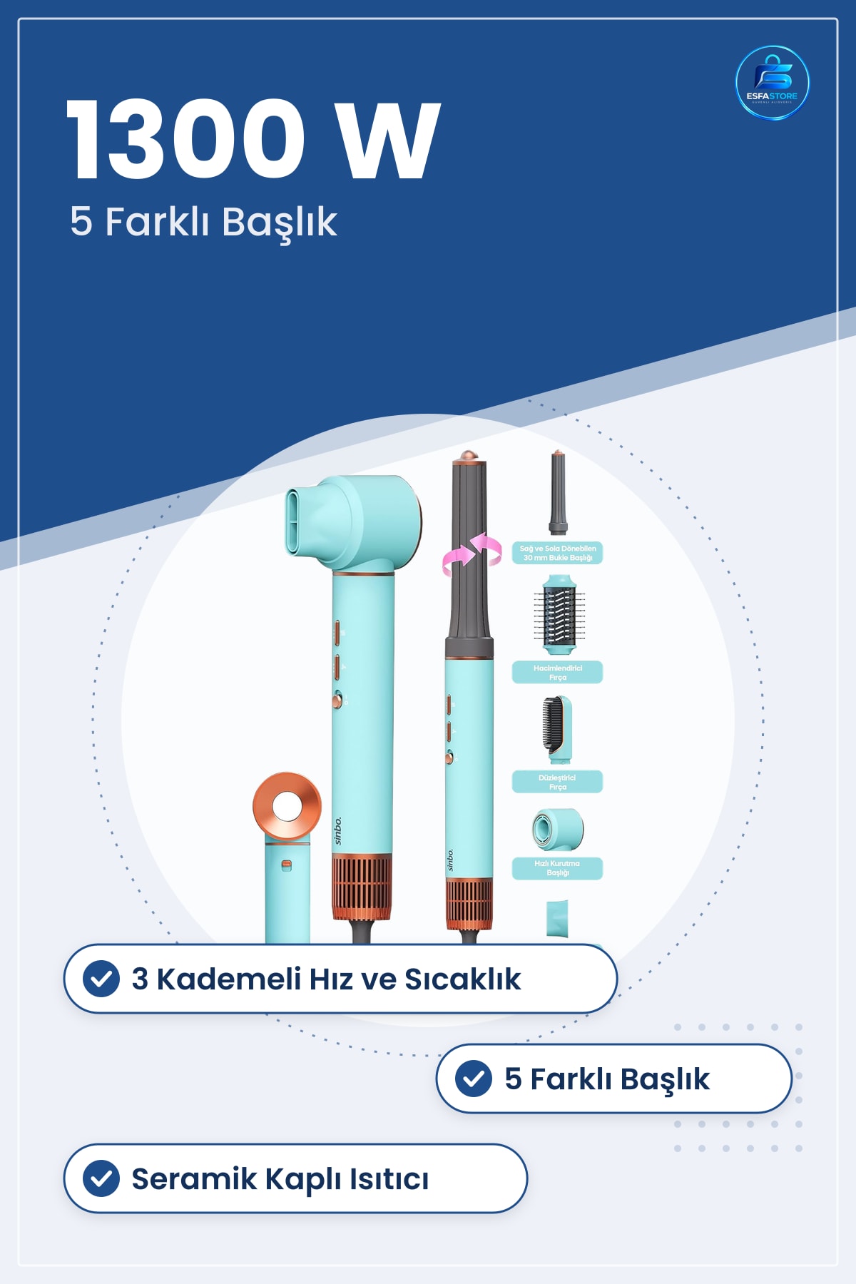 Saç Kurutma ve Şekillendirme Makinesi 5 in 1 1300 W Mavi Hava Üfleyici Bukle Düzleştirici Fırça