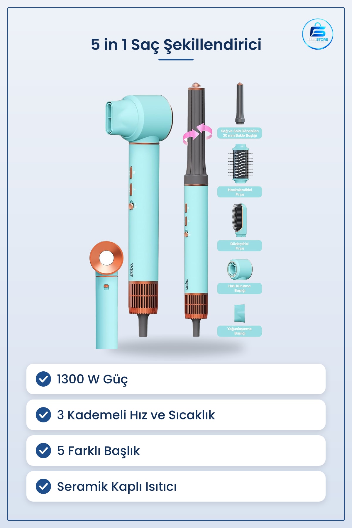 Saç Kurutma ve Şekillendirme Makinesi 5 in 1 1300 W Mavi Hava Üfleyici Bukle Düzleştirici Fırça