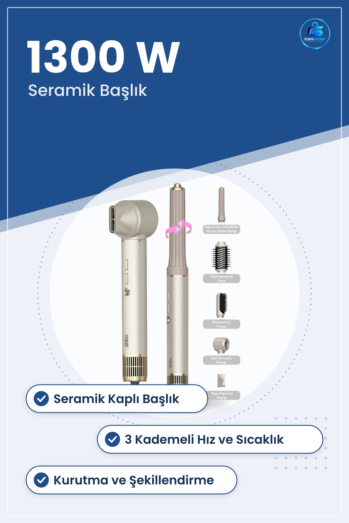 Saç Kurutma Makinesi 5in1 Air Brush 1300W Şekillendirici Seramik Hacim Bukle Düzleştirme Fırçası