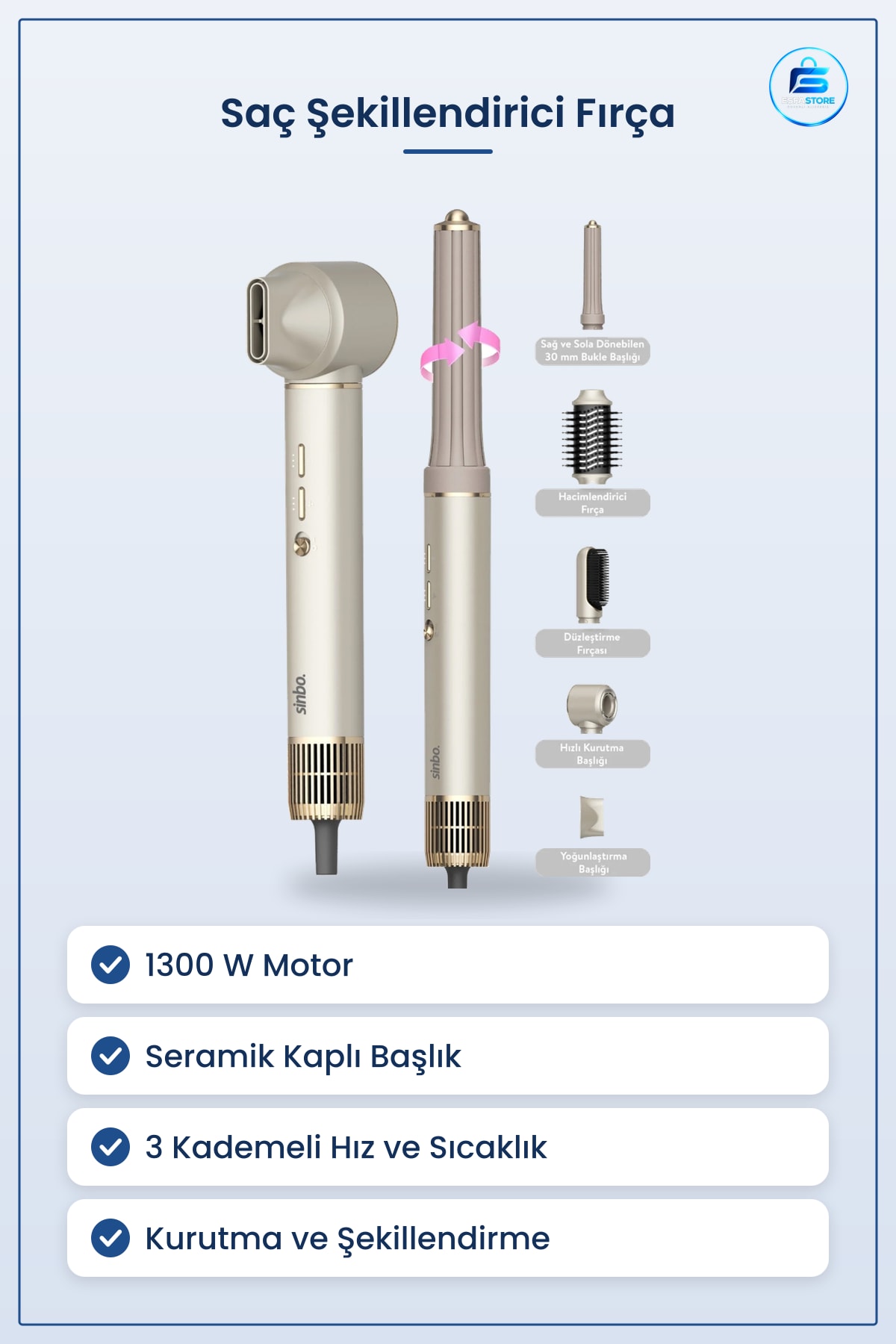 Saç Kurutma Makinesi 5in1 Air Brush 1300W Şekillendirici Seramik Hacim Bukle Düzleştirme Fırçası