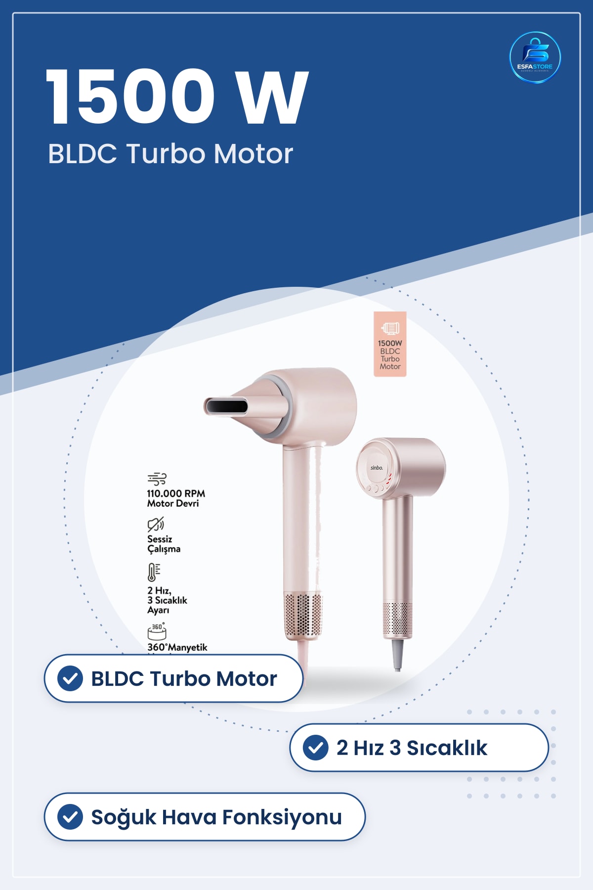 Saç Kurutma Makinesi 1500W BLDC Turbo Şekillendirici Pembe Seramik Izgaralı Soğuk Hava Fonksiyonlu