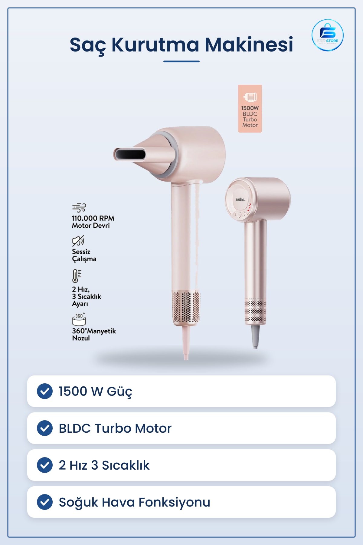 Saç Kurutma Makinesi 1500W BLDC Turbo Şekillendirici Pembe Seramik Izgaralı Soğuk Hava Fonksiyonlu