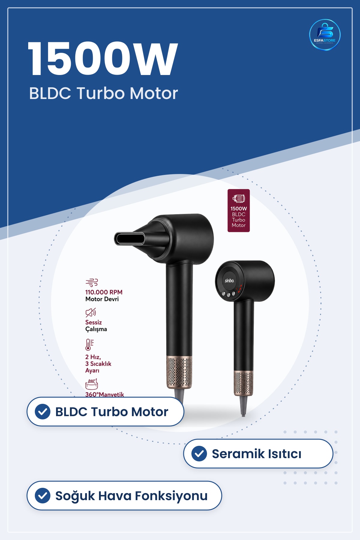 Saç Kurutma Makinesi 1500W BLDC Turbo Motor Şekillendirme Fön Hızlı Seramik Isıtıcılı Ev Kullanımı