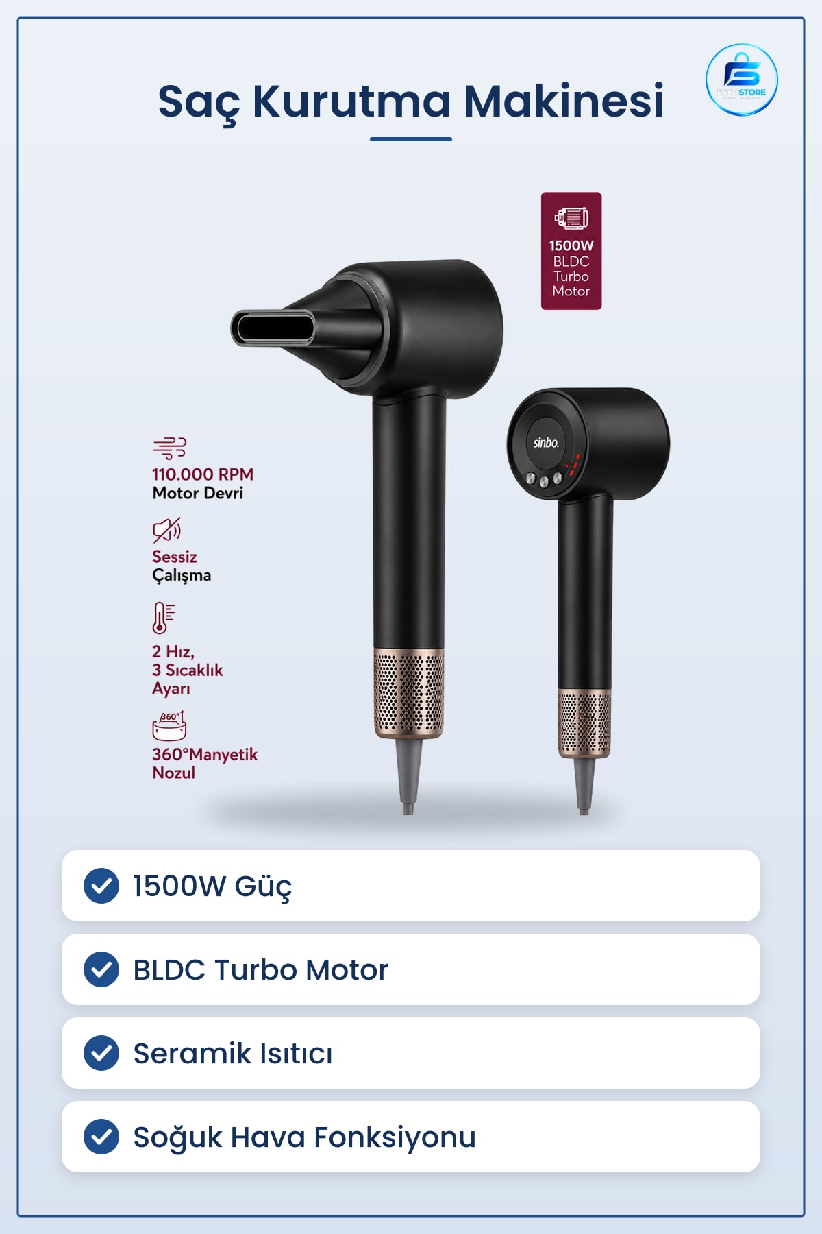 Saç Kurutma Makinesi 1500W BLDC Turbo Motor Şekillendirme Fön Hızlı Seramik Isıtıcılı Ev Kullanımı