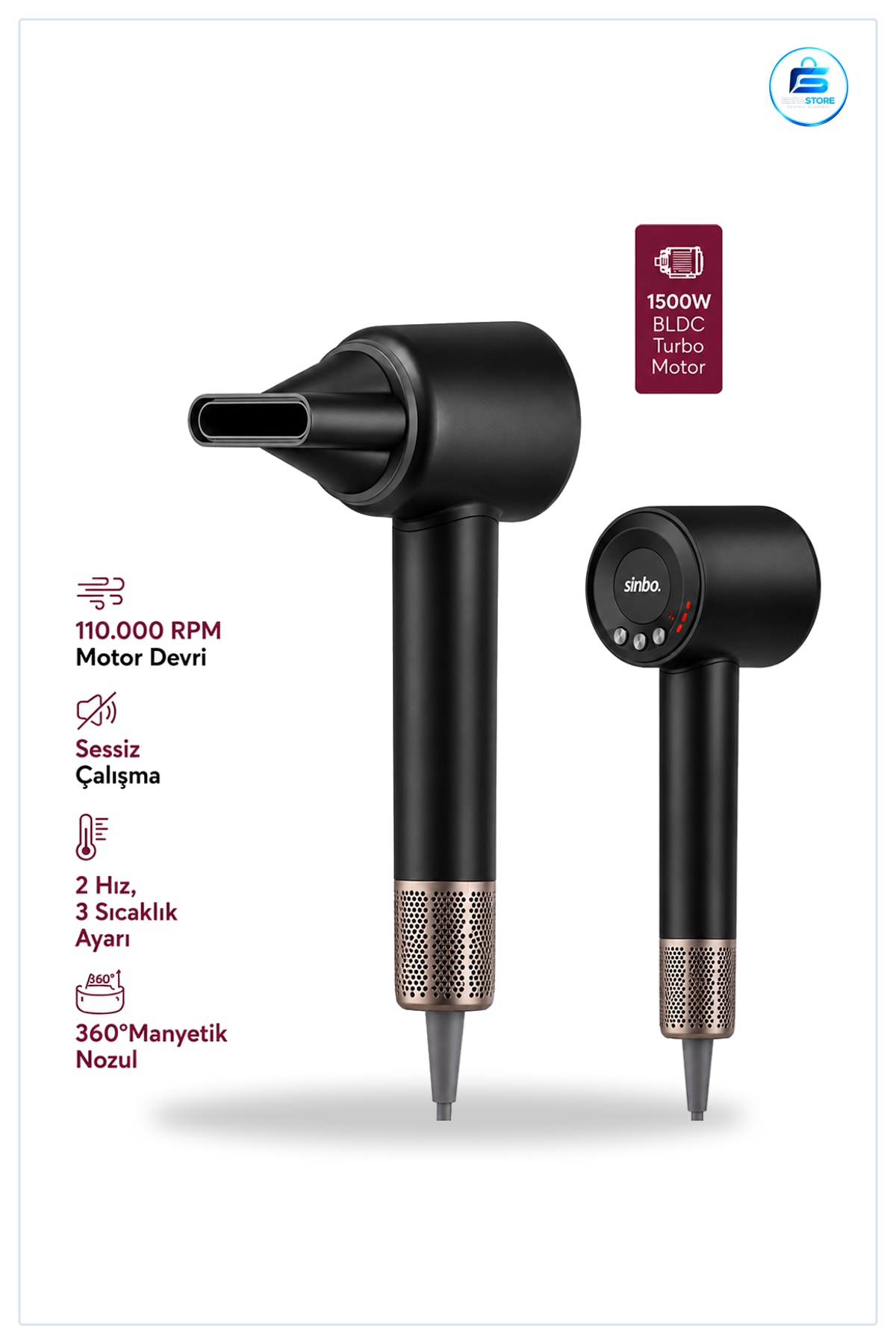 Saç Kurutma Makinesi 1500W BLDC Turbo Motor Şekillendirme Fön Hızlı Seramik Isıtıcılı Ev Kullanımı