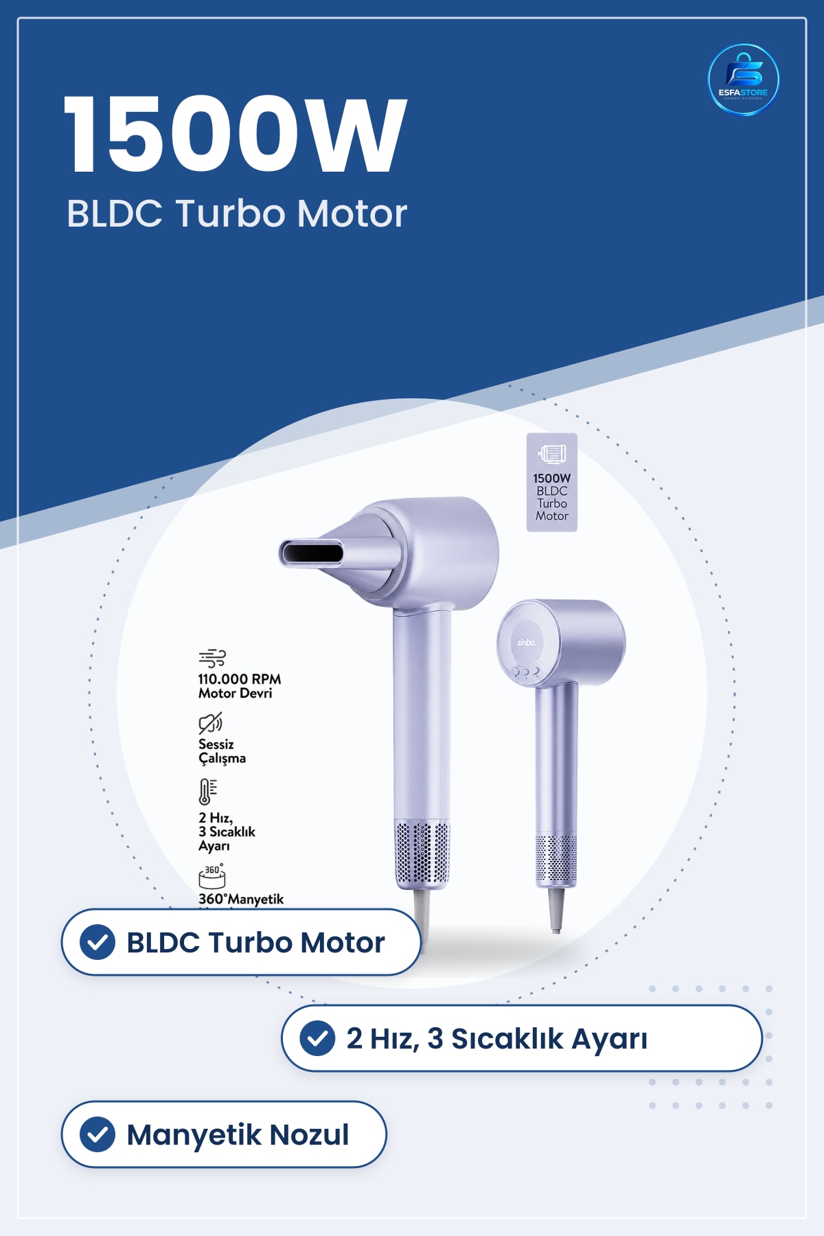 Saç Kurutma Makinesi 1500W BLDC Turbo Motor 2 Hız 3 Sıcaklık Ayarlı Manyetik Nozul Şekillendirme