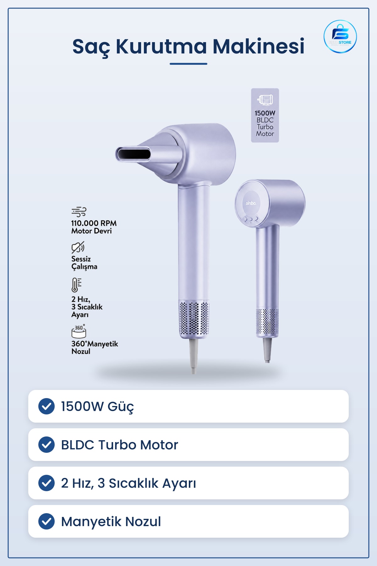 Saç Kurutma Makinesi 1500W BLDC Turbo Motor 2 Hız 3 Sıcaklık Ayarlı Manyetik Nozul Şekillendirme