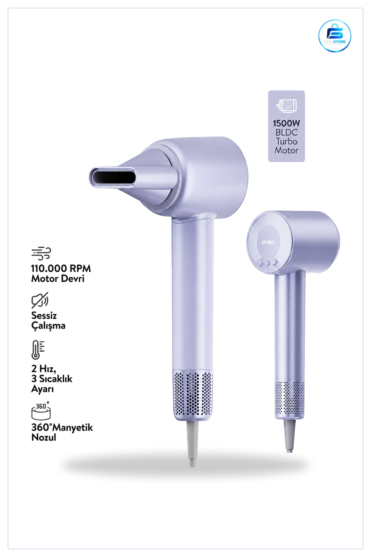 Saç Kurutma Makinesi 1500W BLDC Turbo Motor 2 Hız 3 Sıcaklık Ayarlı Manyetik Nozul Şekillendirme