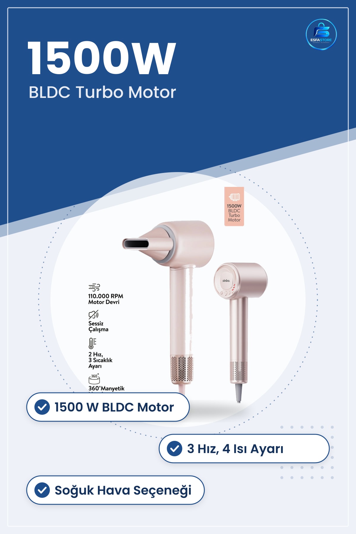 Saç Kurutma Makinesi 1500W BLDC Turbo Motor 3 Hız 4 Isı Ayarlı Fön Şekillendirme Ev Kullanımı