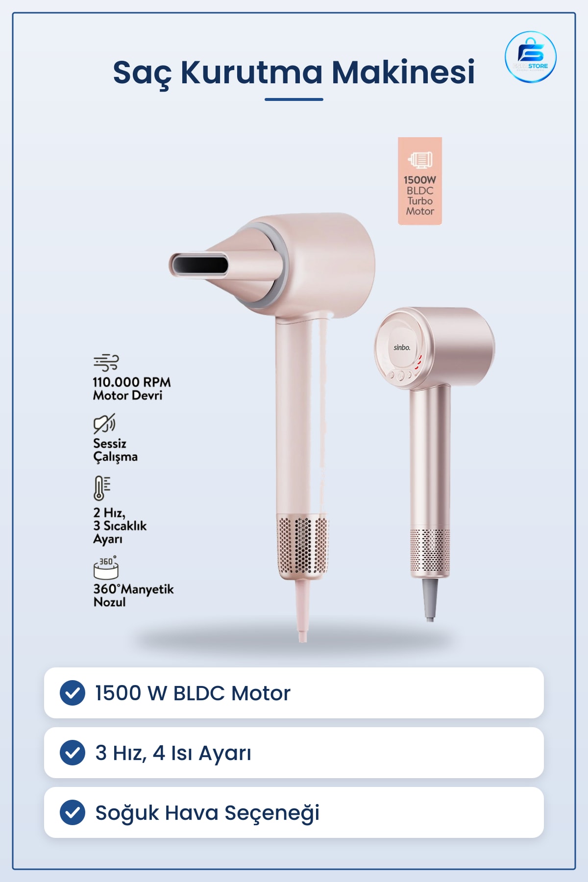 Saç Kurutma Makinesi 1500W BLDC Turbo Motor 3 Hız 4 Isı Ayarlı Fön Şekillendirme Ev Kullanımı
