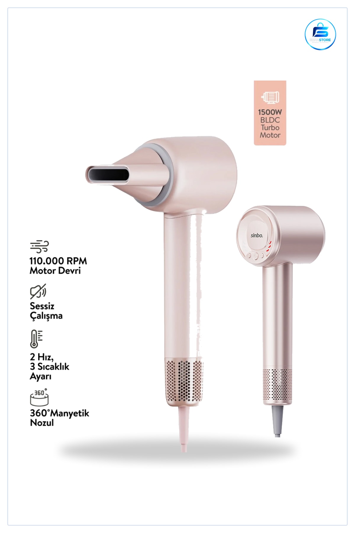 Saç Kurutma Makinesi 1500W BLDC Turbo Motor 3 Hız 4 Isı Ayarlı Fön Şekillendirme Ev Kullanımı