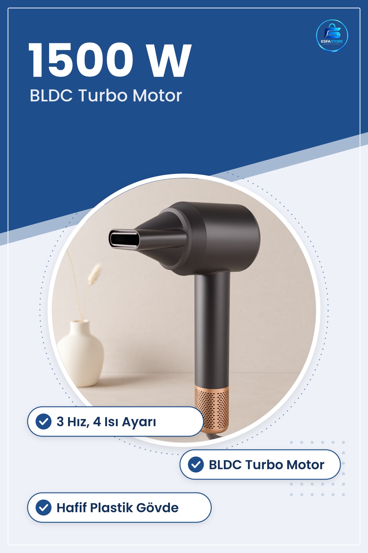 Saç Kurutma Makinesi 1500W BLDC Turbo Motor 3 Hız 4 Isı Ayarı Gri Hafif Ev ve Seyahat İçin