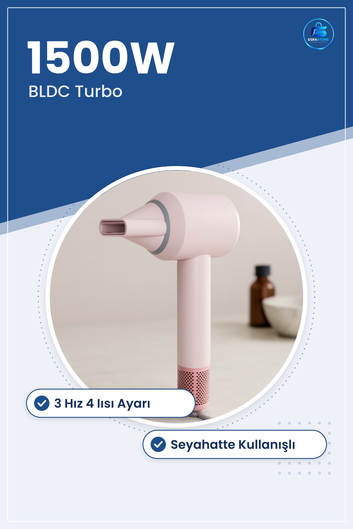 Saç Kurutma Makinesi 1500W BLDC Turbo Pembe 3 Hız 4 Isı Ayarlı Hızlı Seyahat Kullanışlı