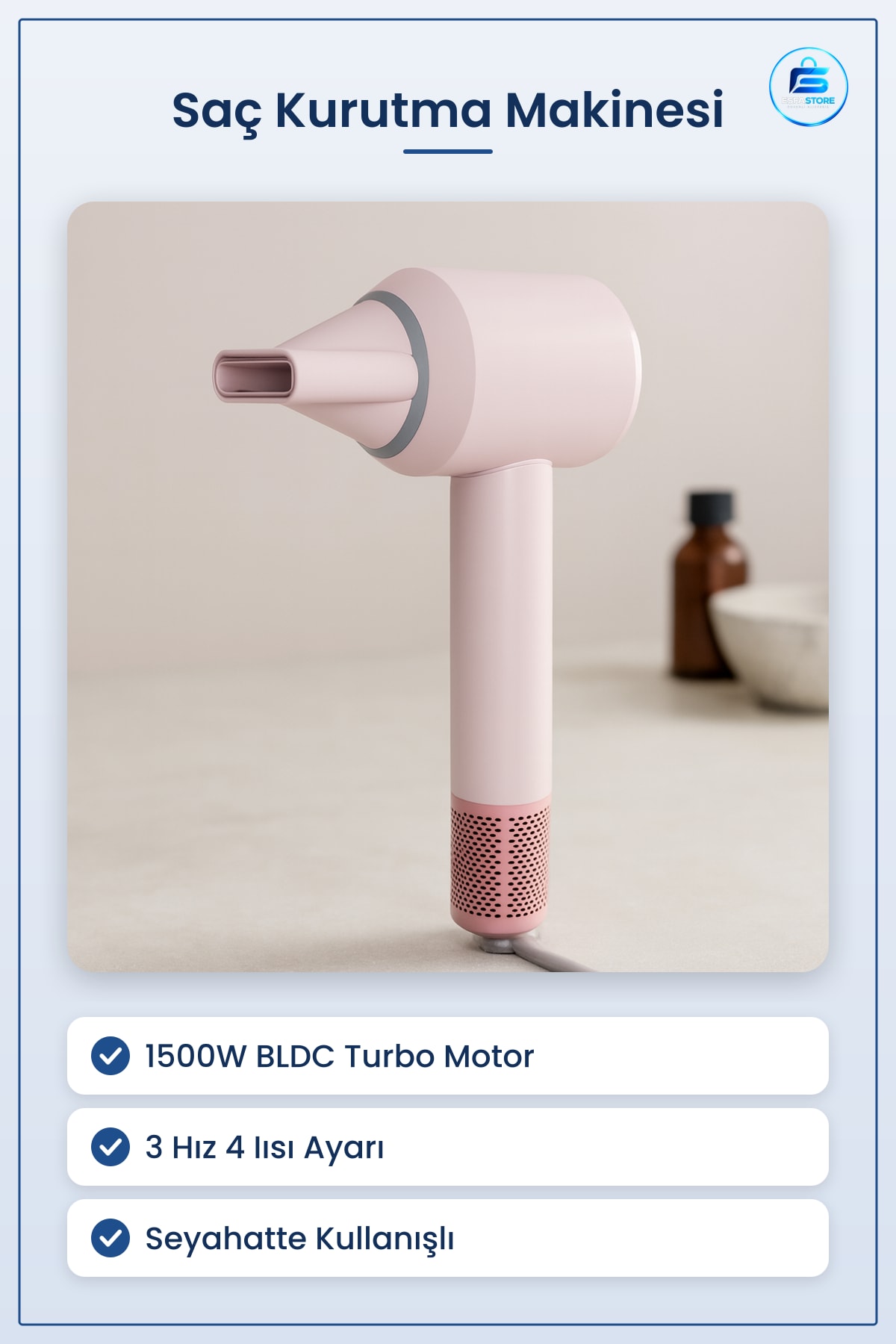 Saç Kurutma Makinesi 1500W BLDC Turbo Pembe 3 Hız 4 Isı Ayarlı Hızlı Seyahat Kullanışlı