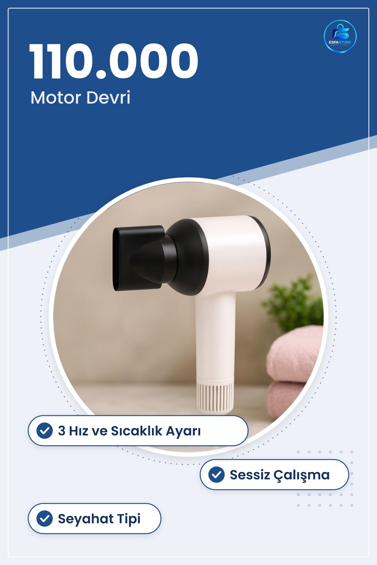 Saç Kurutma Makinesi. RPM Sessiz 3 Hız ve Sıcaklık Ayarlı Seyahat Tipi Fön Kurutucu