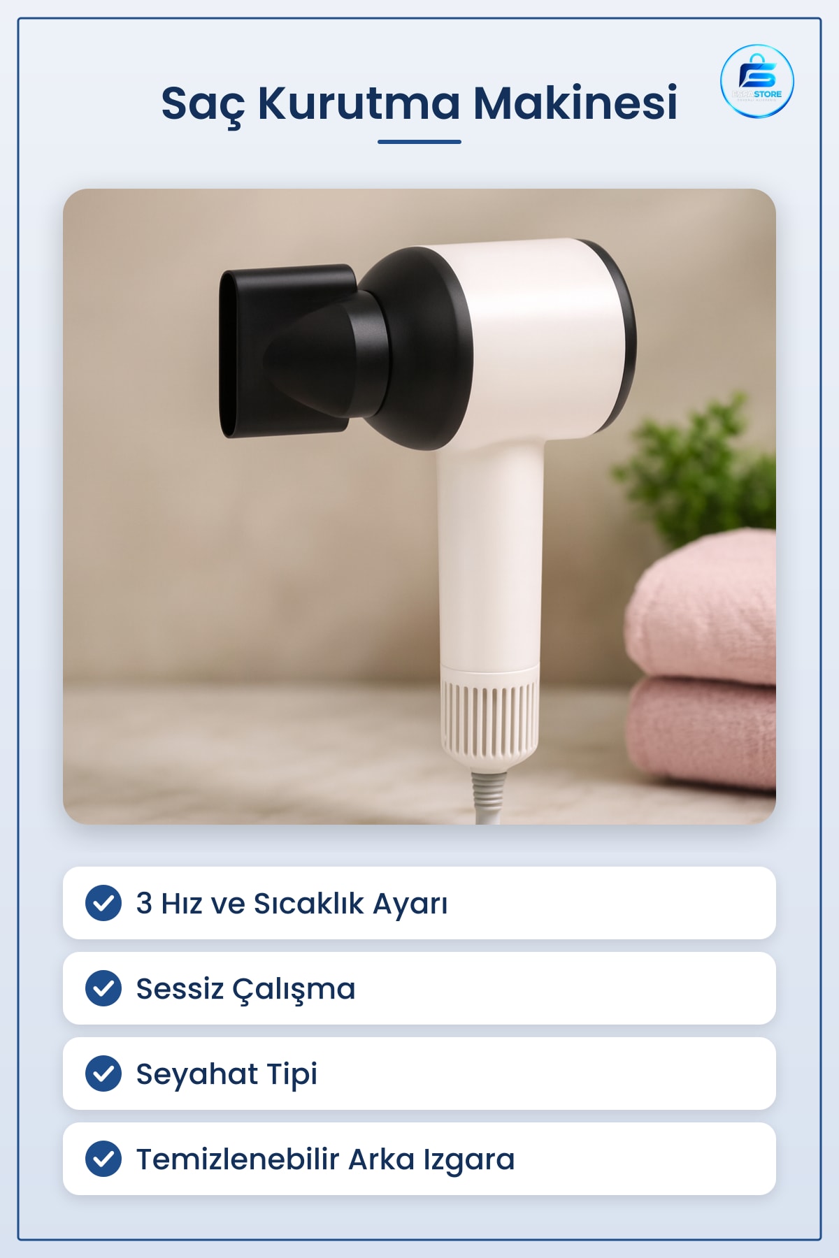 Saç Kurutma Makinesi. RPM Sessiz 3 Hız ve Sıcaklık Ayarlı Seyahat Tipi Fön Kurutucu