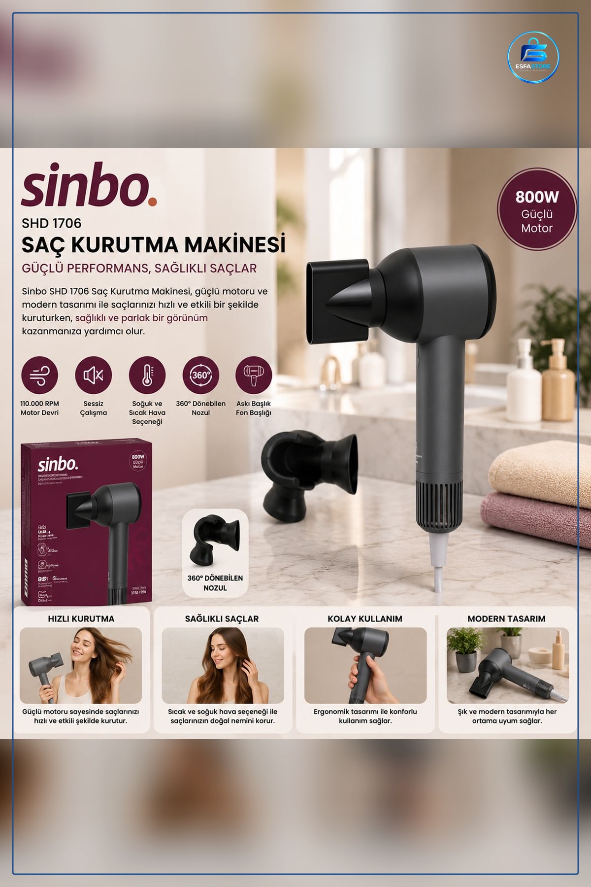 Saç Kurutma Makinesi. RPM Sessiz 3 Hız Sıcaklık Ayarlı Ev Tipi Fön Makinesi Banyo